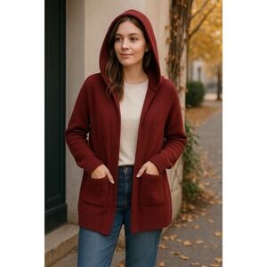 Icon Apparel Cardigan Womens XL Burgundy Hooded‎ Open Front Cozy Fall Layering